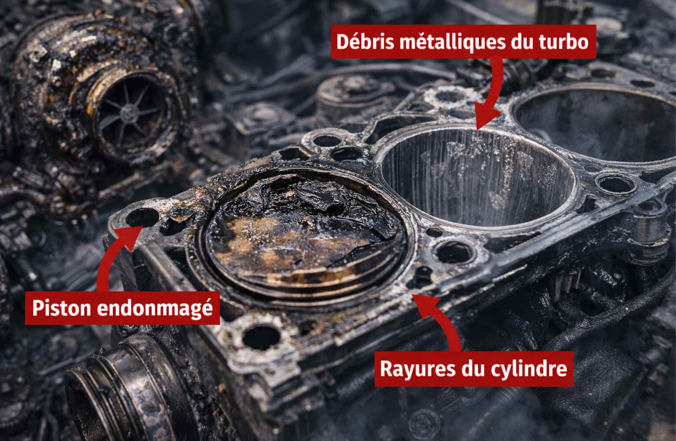Dommages internes du moteur causés par un turbo compresseur défectueux avec piston endommagé et rayures du cylindre