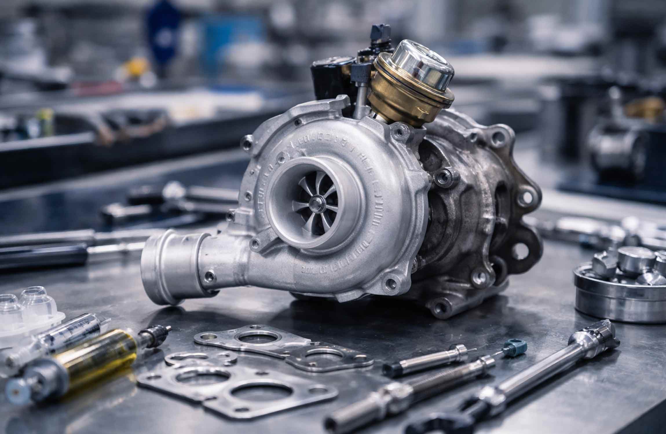 Installation d’un turbocompresseur en échange standard sur moteur automobile en atelier mécanique