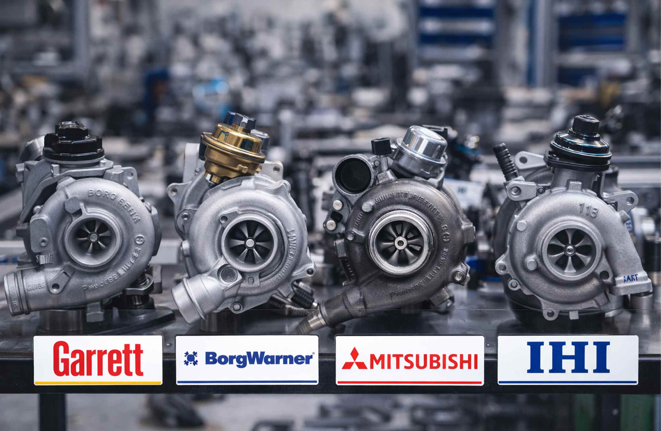 Différentes marques de turbocompresseurs automobiles Garrett BorgWarner Mitsubishi et IHI alignées en atelier