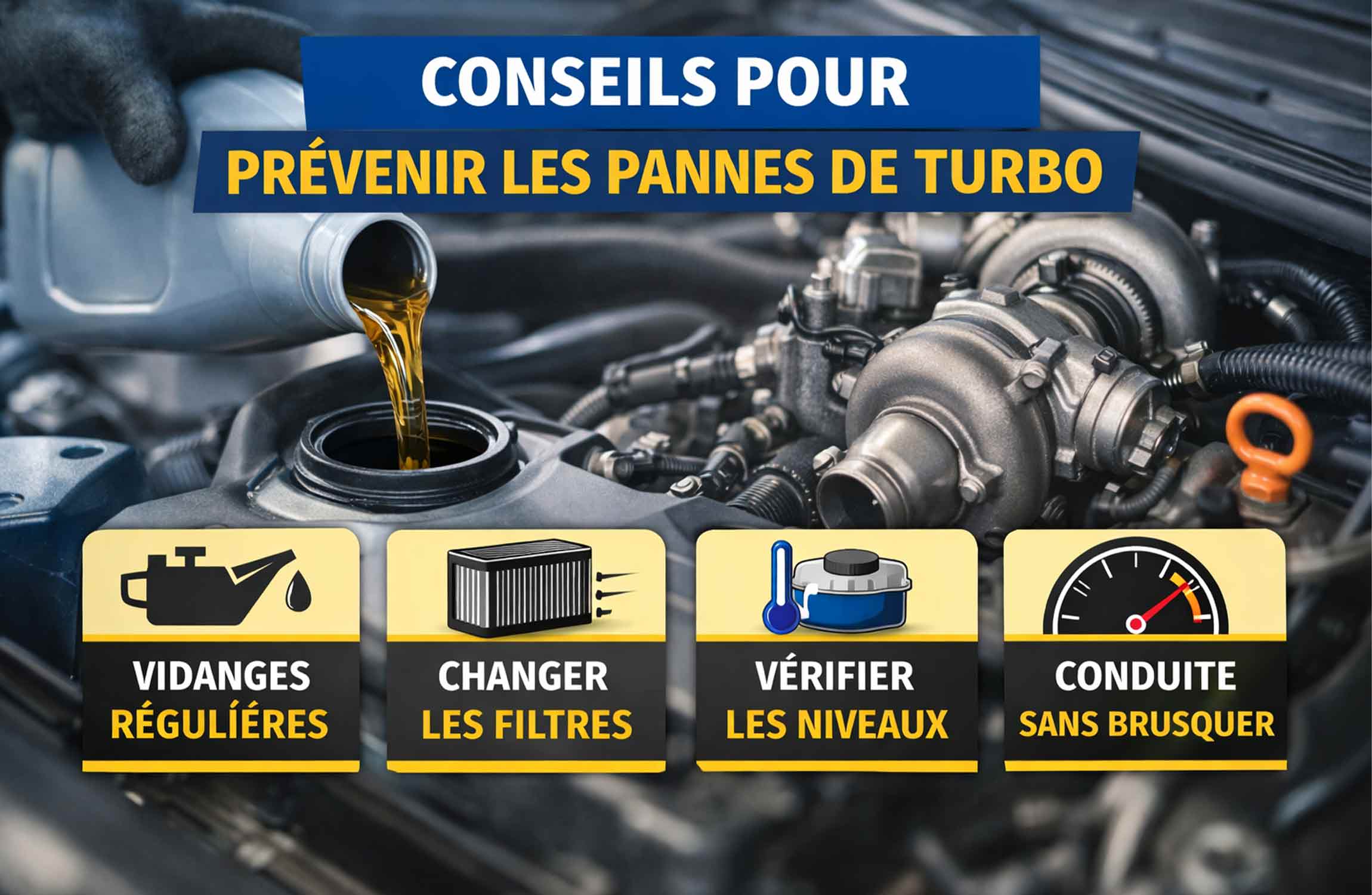 Entretien moteur pour prévenir les pannes de turbo compresseur avec vidange et vérification des filtres