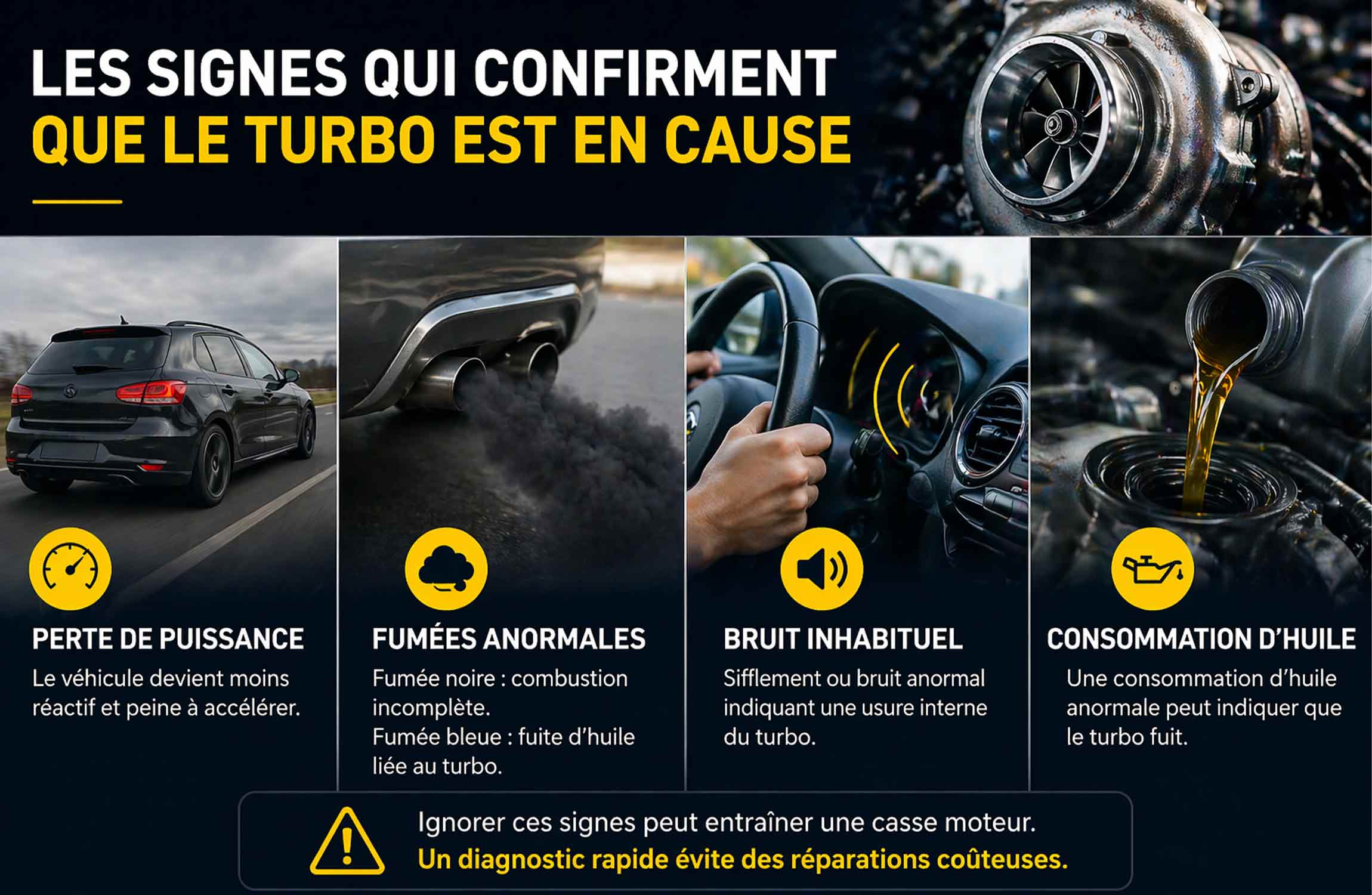 Signes d’un turbo défectueux avec perte de puissance, fumées anormales et consommation d’huile moteur